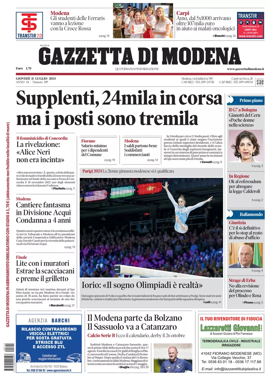 Prima-pagina-gazzetta di modena-oggi-edizione-del-2024-07-11